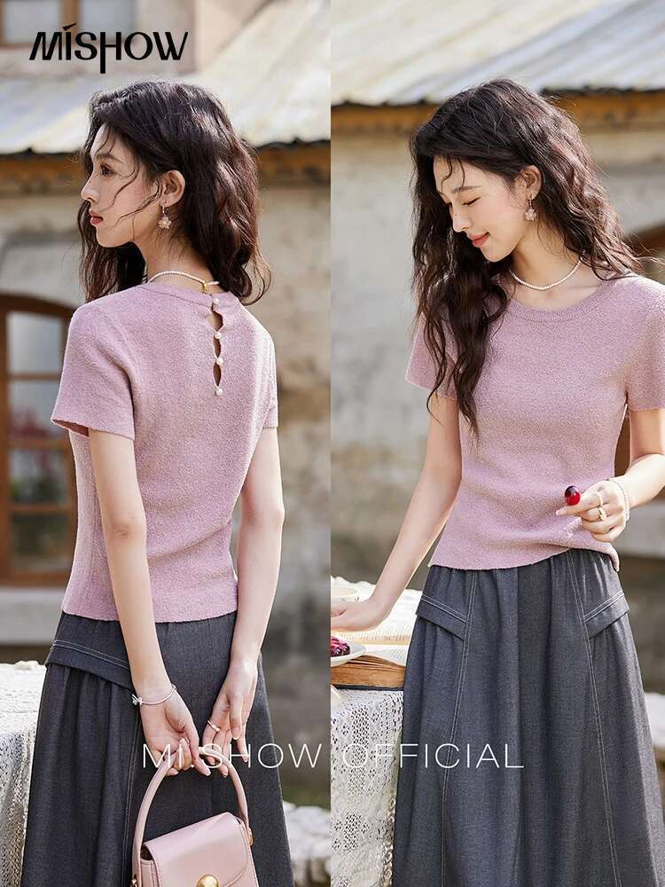 MISHOW Women's Short Sleeved Knitted T-Shirt Spring 2025 Korean Minimalist Back Hollowed Out Pearl Buckle Design Tees Mxe13z1072