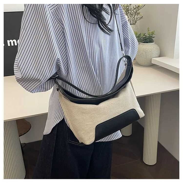 Brand Designer PU Leather and Canvas Patchwork Womens Shoulder Bag Retro Lock Crossbody Bag Hobos Handbag Y250303