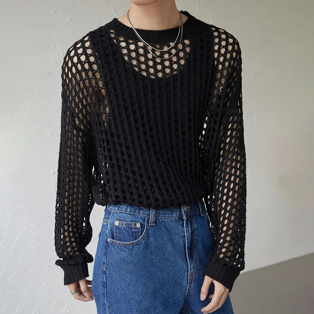 Mens Y2k Hollow Out Outfits See-Through Knit Shirts Summer Fashion All-Match Casual Geometric Vintage Loose Smock Tops 250304