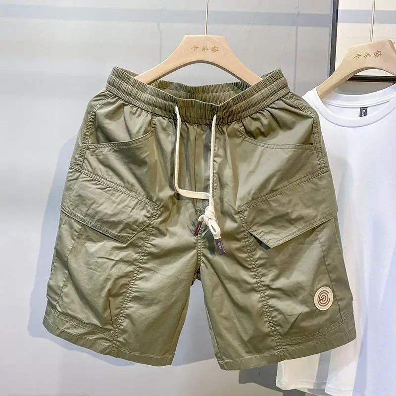 Mens Cargo Shorts with Pockets Khaki Male Short Pants Draw String Embroidery Strech Comfortable Homme in Casual Hevy Whate 250303