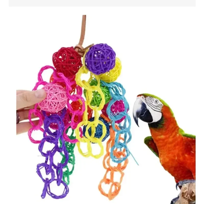 Parrot Bite Toy Bird Toy Colored Rattan Ball Cowhide Rope Ring String Bird Accessories Parrot Toys