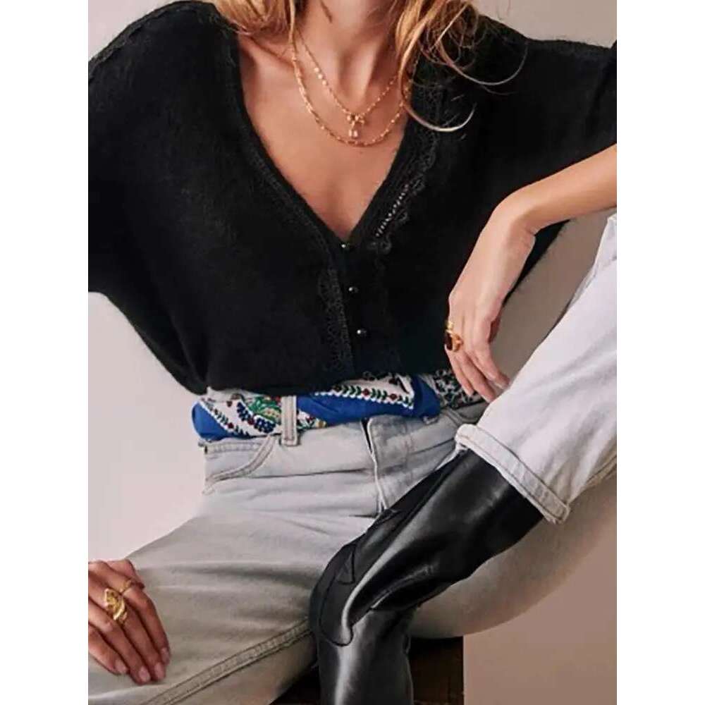 Women Black Knit Cardigan Tops Spring Summer Ladies Single Breasted Sweater V-Neck Lace Trim Ing Knitwear