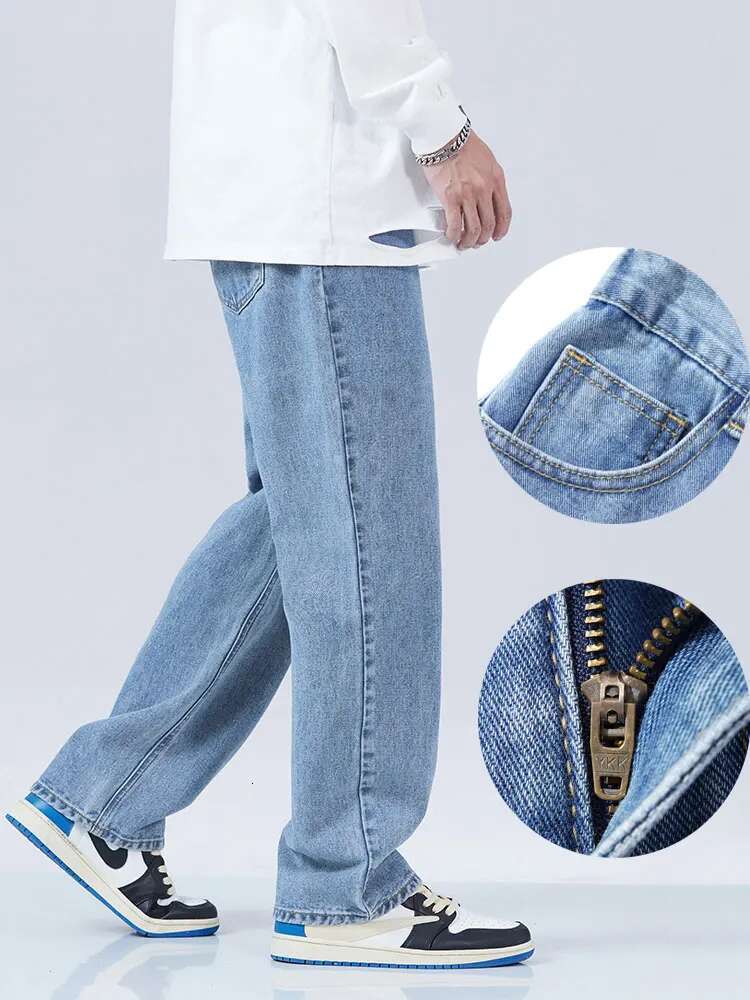2023 New Autumn Blue Jeans Men Korean Vintage Banding Waist Denim Cotton Casual Wide-Leg Long Pants Straight Baggy Jean Trousers