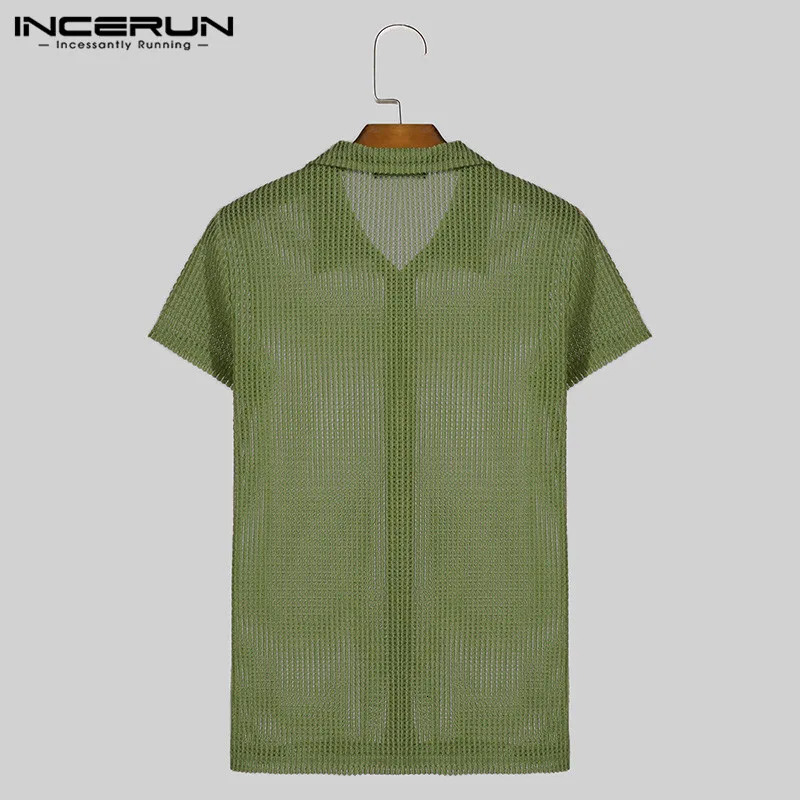 INCERUN Men Shirts Lapel Short Sleeve Mesh Transparent Hollow Out Men Clothing Streetwear Solid Color Fashion Camisas S-5XL 250304