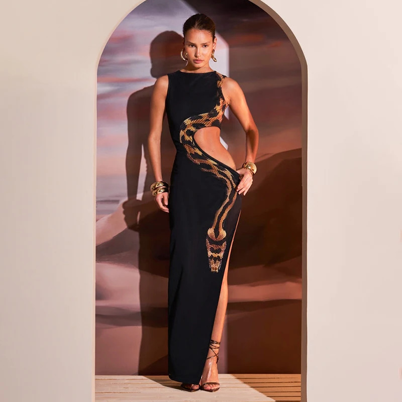 CAUTENOVA WomenS 2024 Summer Snake Print Sexy Slim High Slit Long Dresses Hollow Out Sleeveless Sexy Party Dress Club Cloth 250224