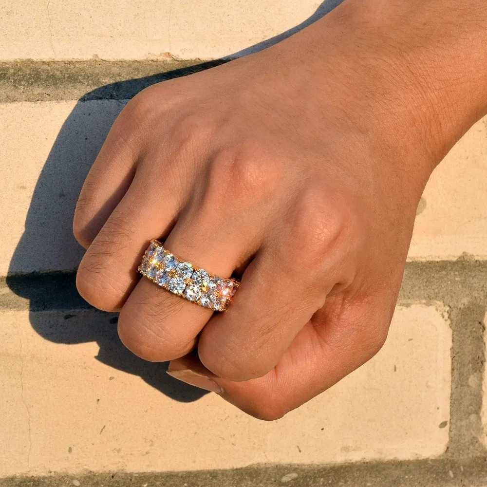 Couple Rings Wind hip-hop two row zircon ring real gold electroplating fashionable and personalized trendsetter ring H25303