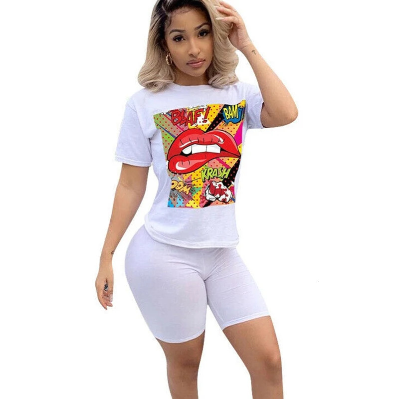 Summer Red Lip Printed Women Casual Two Piece Set Short Sleeve Tee Top Biker Shorts Above Knee Pants Suit Tracksuit Outfits 250303