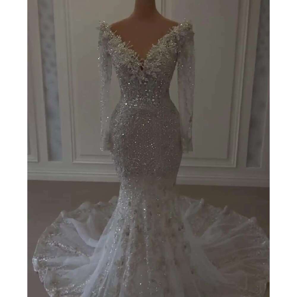 O Mermaid Wedding Dresses with Beads and Appliques, Lace V-Neck, Sleeves, Zippered Bridal Dress, Custom Made
