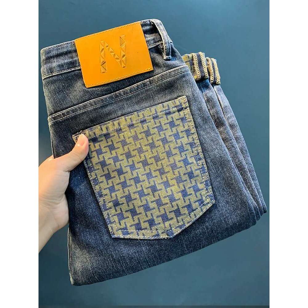 Spring New Trendy Jeans For Men's High End Light Fashion Print Elastic Casual Straight Fit Loose Cotton Denim Pants