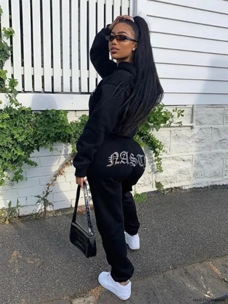 Womens high waisted twopiece set winter velvet hooded sweatshirt autumn jogging sports loose thick pants y2k track and field suit womens 250225