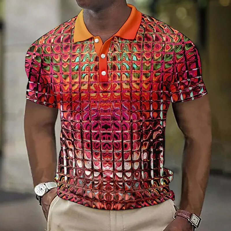 Fashion MenS Polo Shirts 3d Simulation Metal Plaid Printed MenS Clothing Summer Casual Short Sleeved Street er Tops Tees 250304
