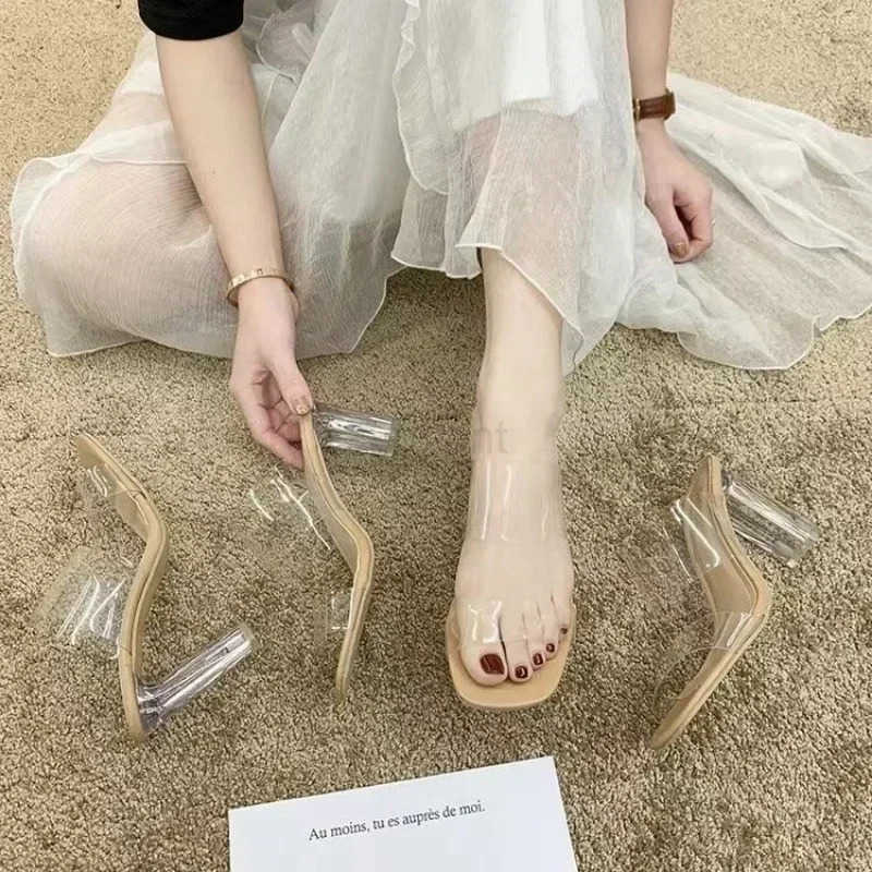 Summer Transparent High H Wen Square Toe Sandals Wan Clear High Pumps Wedding Jelly Buty Damskie Shoes Z250304