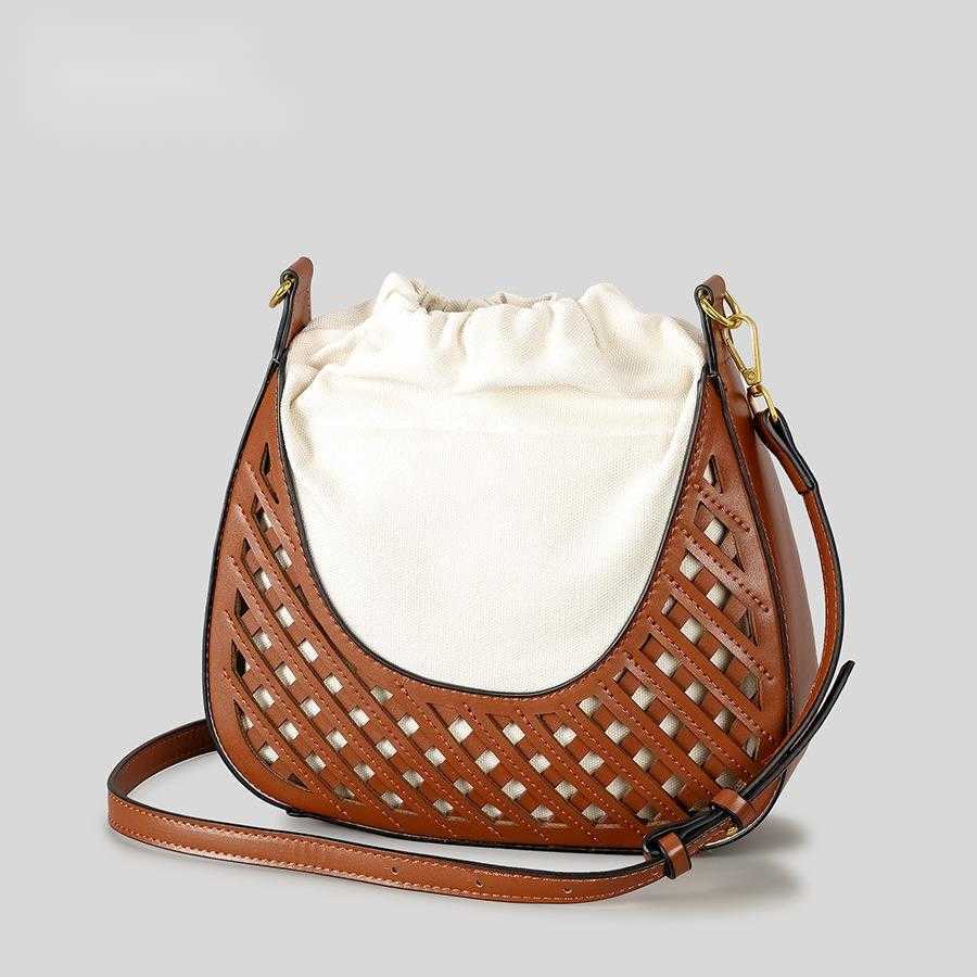 PU woven bucket bag summer hollow drawstring shoulder crossbody bag dark brown handbag for women 250315