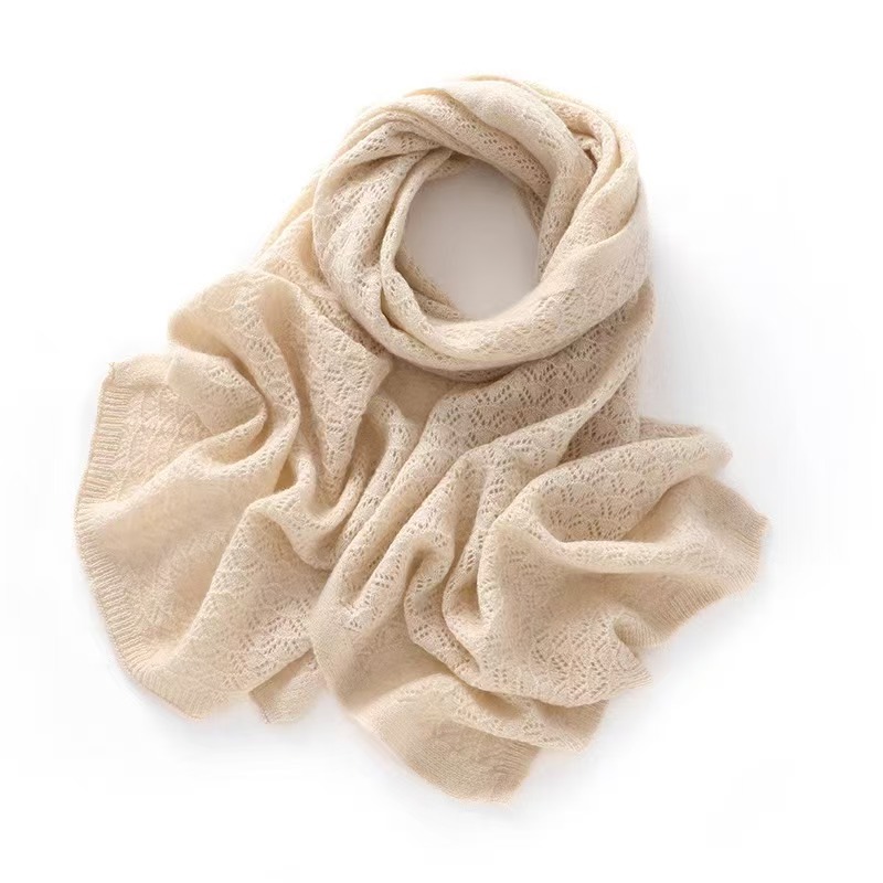 K042 Soft, skin-friendly 100% cashmere scarf for women, autumn and winter hollow knitted woolen scarf, versatile and warm, Korean style premium