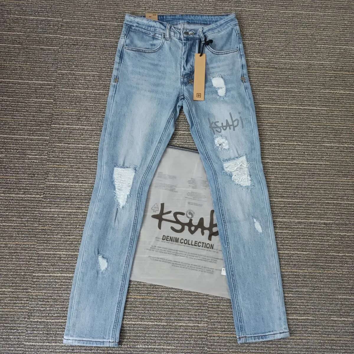 KSUBI Cross Men Fashion Trend Wash Light Blue Letter Print Low Rise Elastic Skinny Pants Daily Casual Ripped Frayed Jeans
