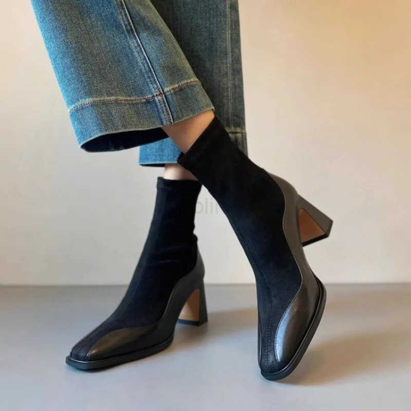 Wens New Winter Thick Heel Cotton Boots Square Splicing Suede Back Zipper Anti-slip Wear-resistant Short Boots Z250304