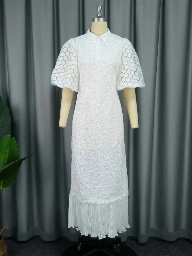 White Lace Dresses for Women Wedding Guests Elegant Turn Down Collar Puff Sleeves Pleated Hem Midi Dress Occasion Clothes 250303