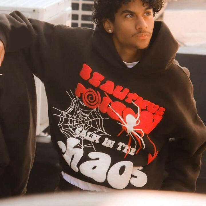 2025 Hip Hop Alphabet Spider Web Printed Hoodie Autumn/Winter Personalized Long Sleeve Men's and Women's Sweatshirt Trend