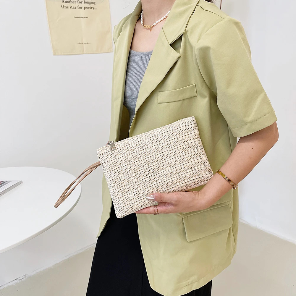 Fashion Women Bohemian Woven Clutch Wristlet Bag Casual Ladies Summer Beach Solid Color Small Handbags Purse White Beige Gifts R250312