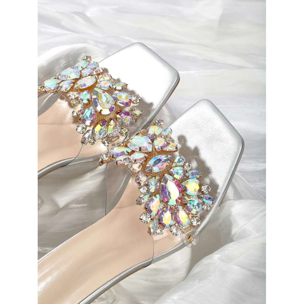 Sier Summer Bright Transparent Crystal Half Trailer High Heel with Thick Heels and Large Sized Outwear Fashion Sandals