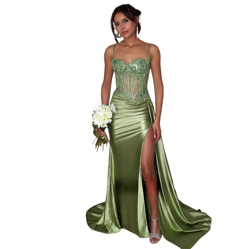 Spaghetti Strap Long Olive Green Prom Dresses Side Slit Sexy Satin Special Occasion Gown Lace Appliques Bridesmaid Dress