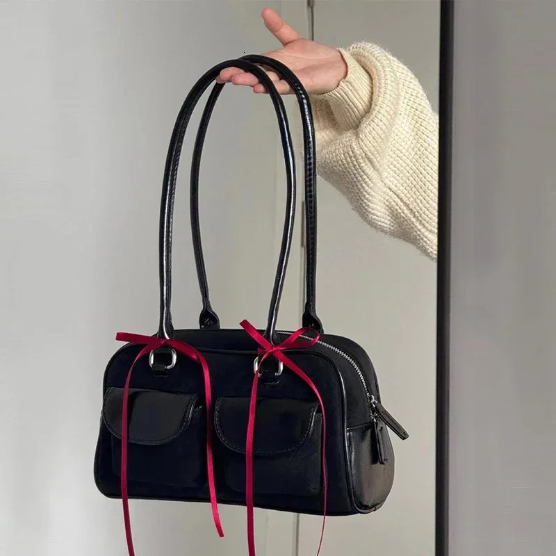 Korean Fashion Womens Shoulder Bag Soft Suede with PU Leather Bowling Handbag Casual y Vintage Boston Tote 250303