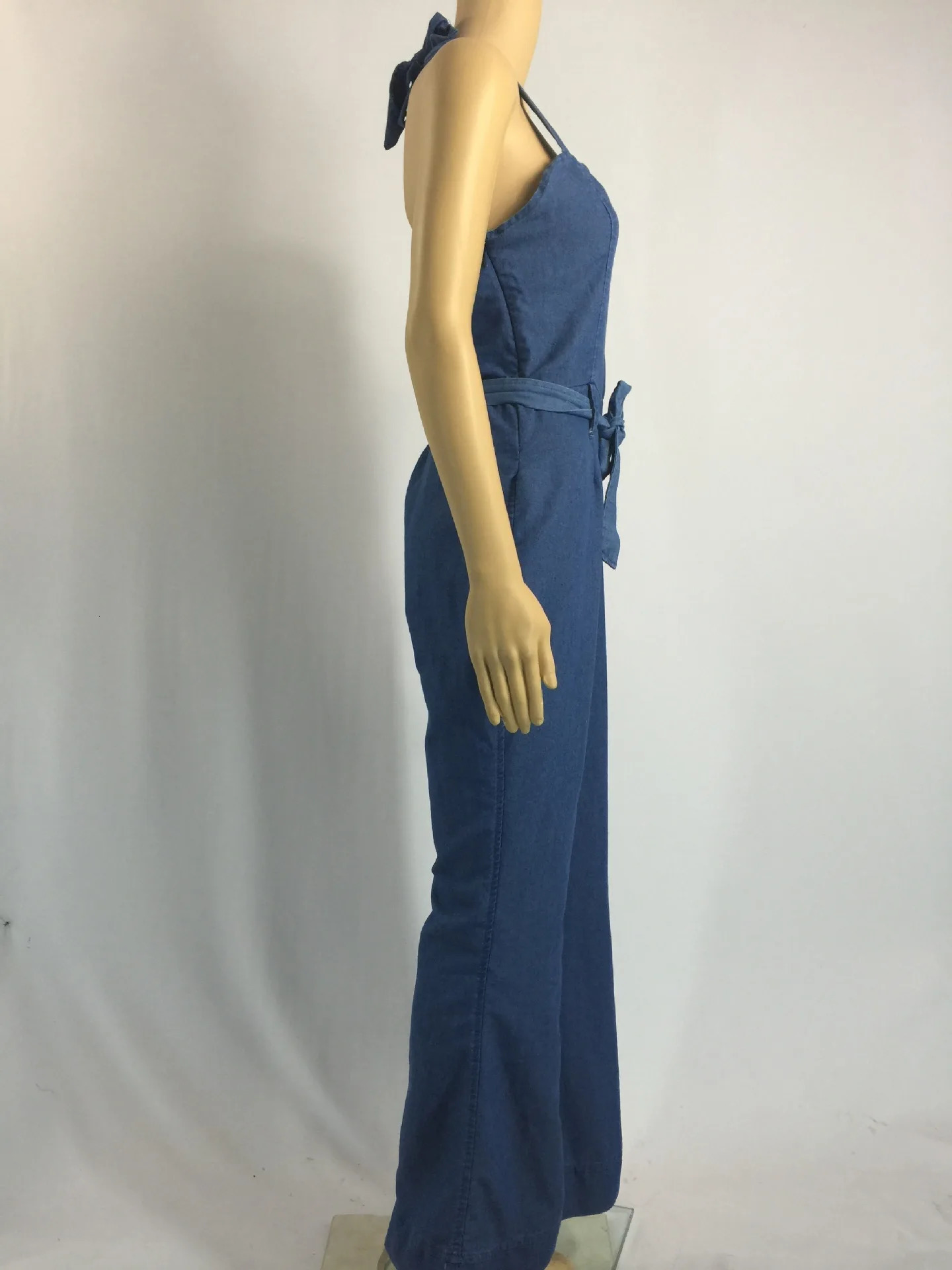 Women One Piece Solid Denim Jumpsuits Sleeveless V Neck Rompers Wide Leg Long Pants Overalls Sexy Slim Fit Hight Waist 250303
