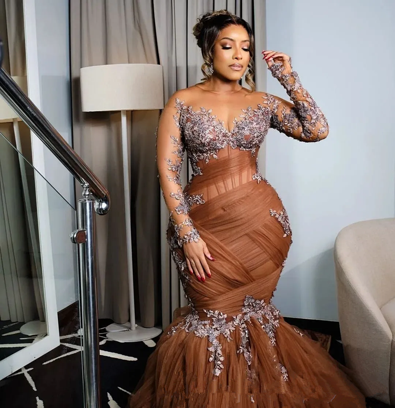 Chocolate Illusion Mermaid Prom Dresses asoebi arabic customsized Lace Tulle Evening Party Birthday Gowns Dress Vestidos de novia