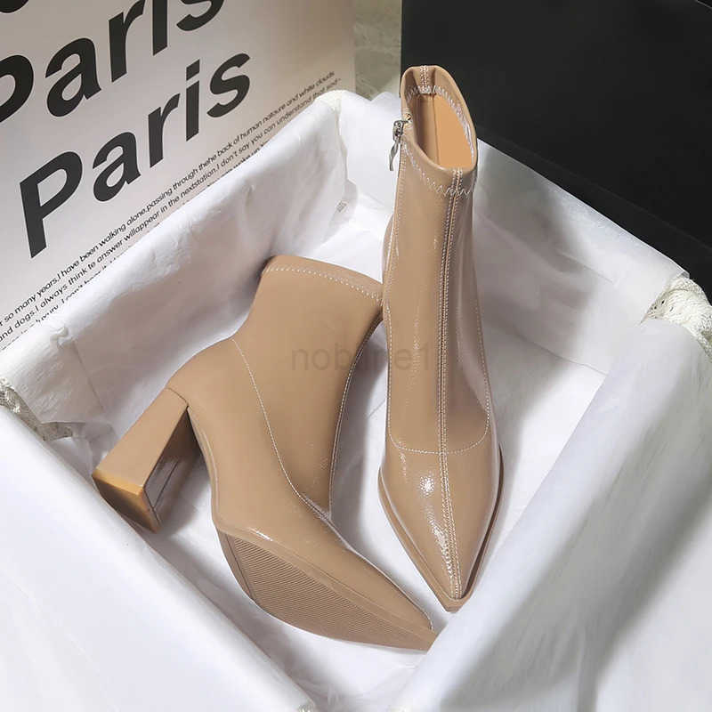 Winter Patent Leather Wen Ankle Boots Fion Pointed Toe Short Booties Square High H Party Pumps Shoes Z250304