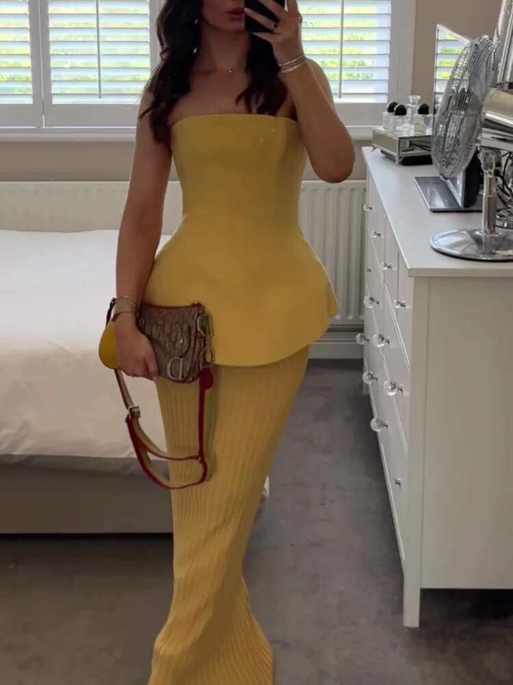 Elegant Strapless Tube Top Skirts Suit Women Sleeveless Backless Tank Slim Long Pleated Skirt 2025 Spring Summer New Lady Outfit