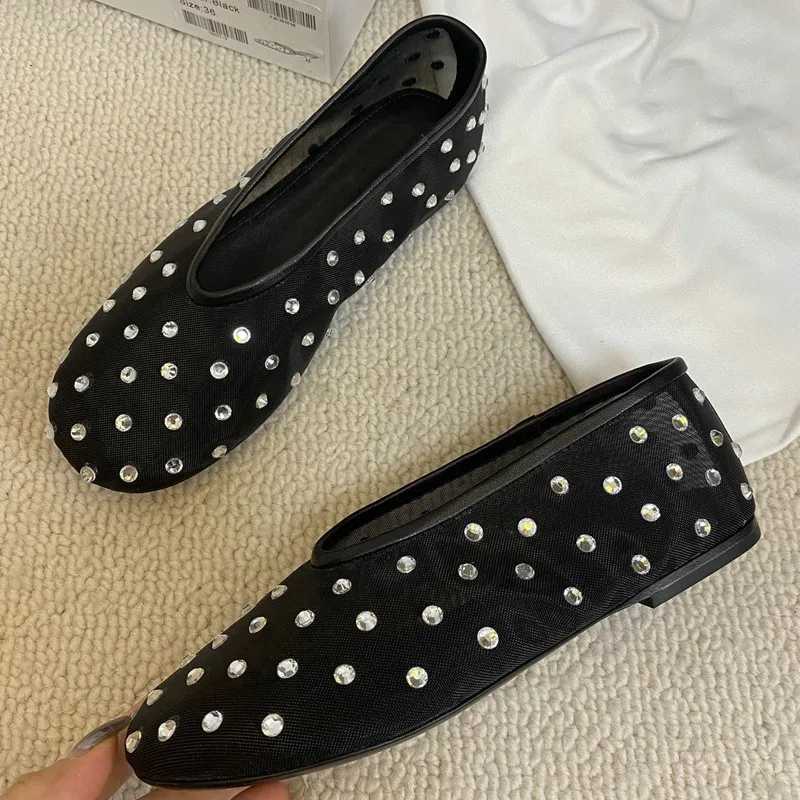 Fi Crystal Wen Ballet Flats Mesh Dance Flat Shoes Casual Driving Walking Loafers adrilles Ladies Slip- Lazy Shoes Y250303