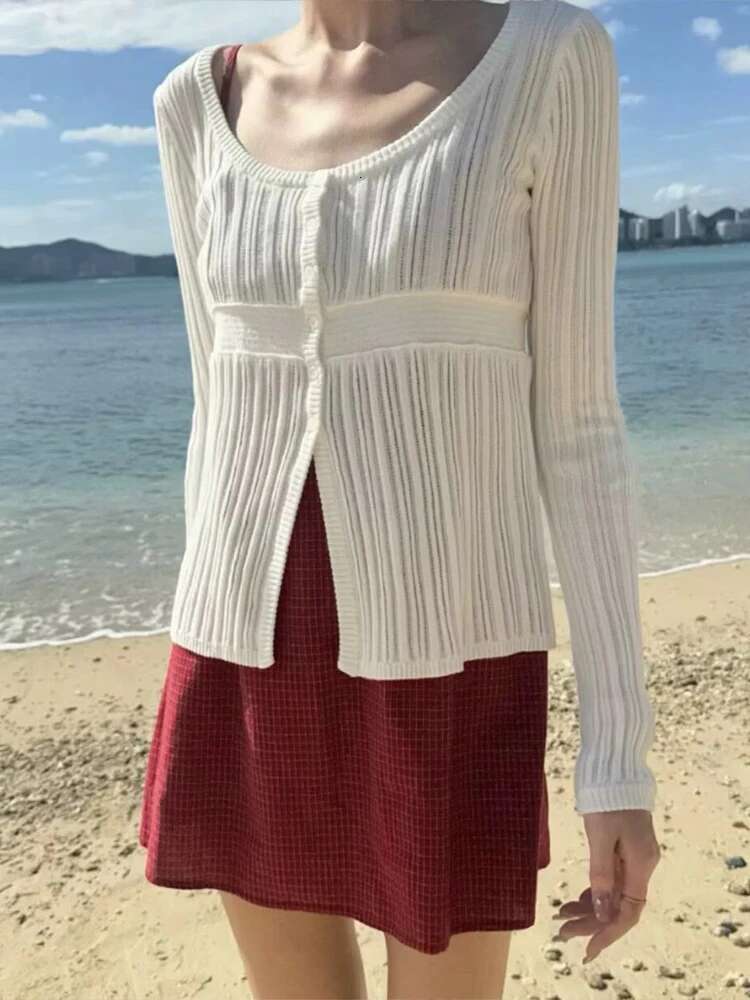 Women's Hollow-Out Slim Long-Sleeve T-Shirt Spring Round Neck Single-Breasted Design Solid Simple Sweet Knit Y2k Style Top
