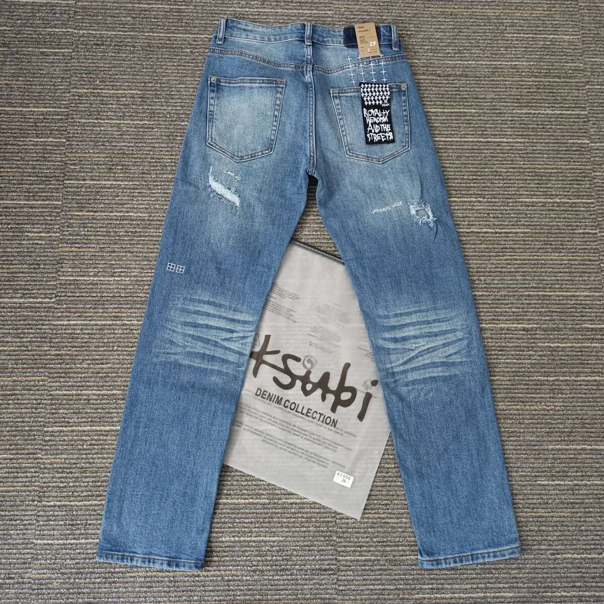 American High Street KSUBI Cross Jeans Men Fashion Brand Retro Wash Blue Hole Patch Daily Casual Low Rise Elastic Straight Pants