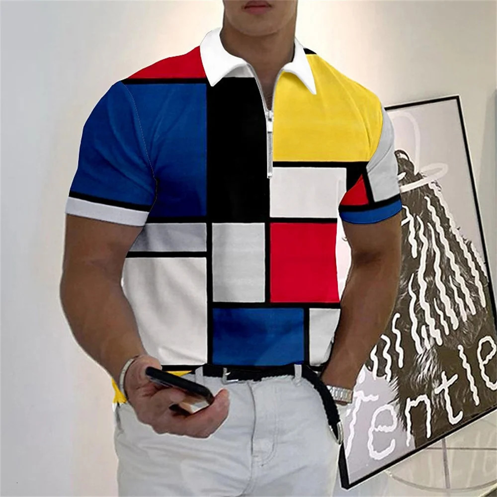 MenS Polo Shirt Plaid Print Zip Polo T-Shirt Summer Short Sleeve Daily Casual Golf Shirt High Quality Tops Fashion Men Clothing 250304