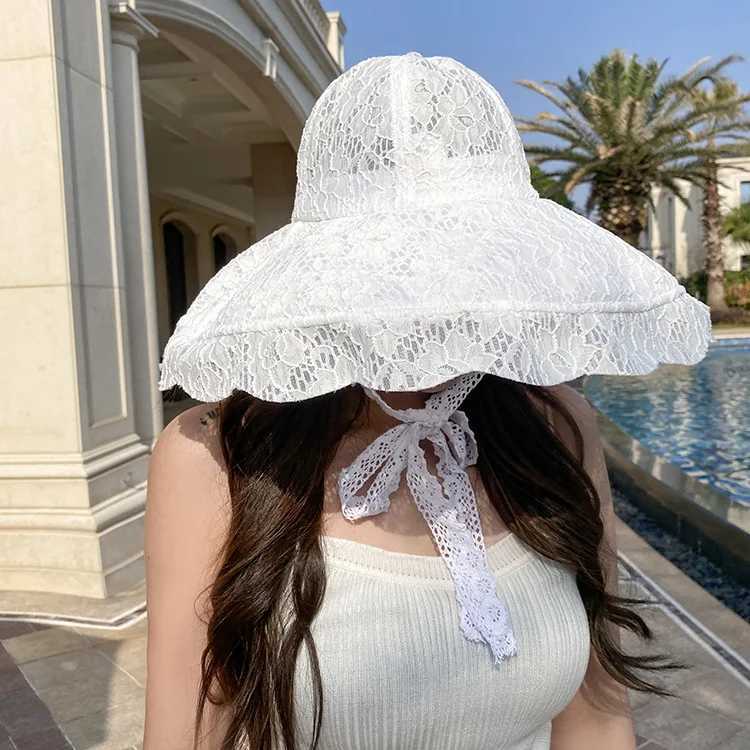 Woman Lace Sun Hat White Black Summer Hats for Women Bucket Hat Beach Sunhat Large Wide Brim Summer C for WomenXJ250304