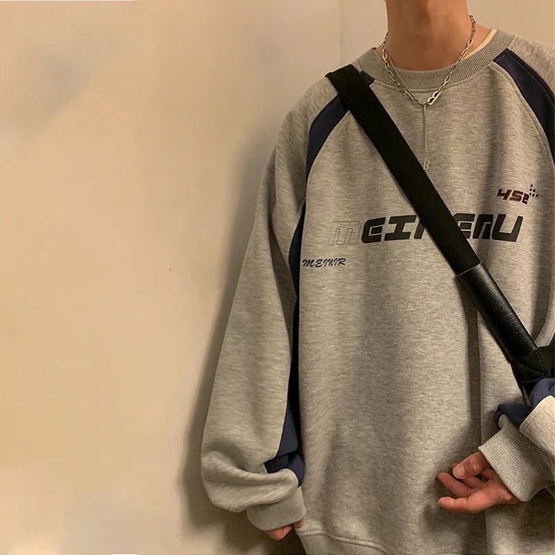 American High Street Letter Print Sweatshirt Men Autumn Oversized Colorblock Pullover Hoodies Y2K Vintage Sweaters For 250304