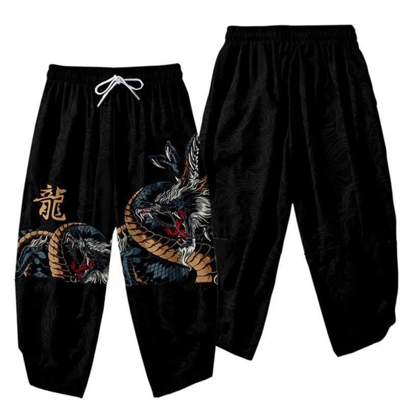 Cartoon Chinese Dragon Printed Black Men Japanese Harem Trousers Casual Elastic Waist Kimono Cropped Pants StreetwearXJ250303
