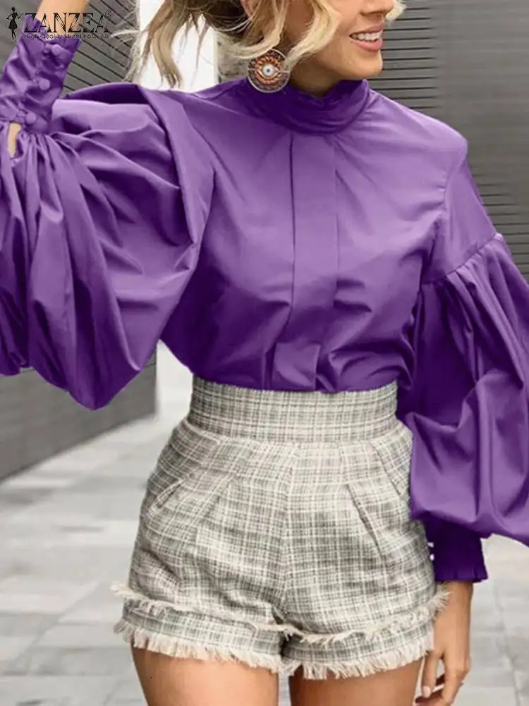 ZANZEA Casual Solid Color Shirts Women Long Lantern Sleeve Blouse Office Lady Pleating Tops Fashion Stand Collar Tunics 250228