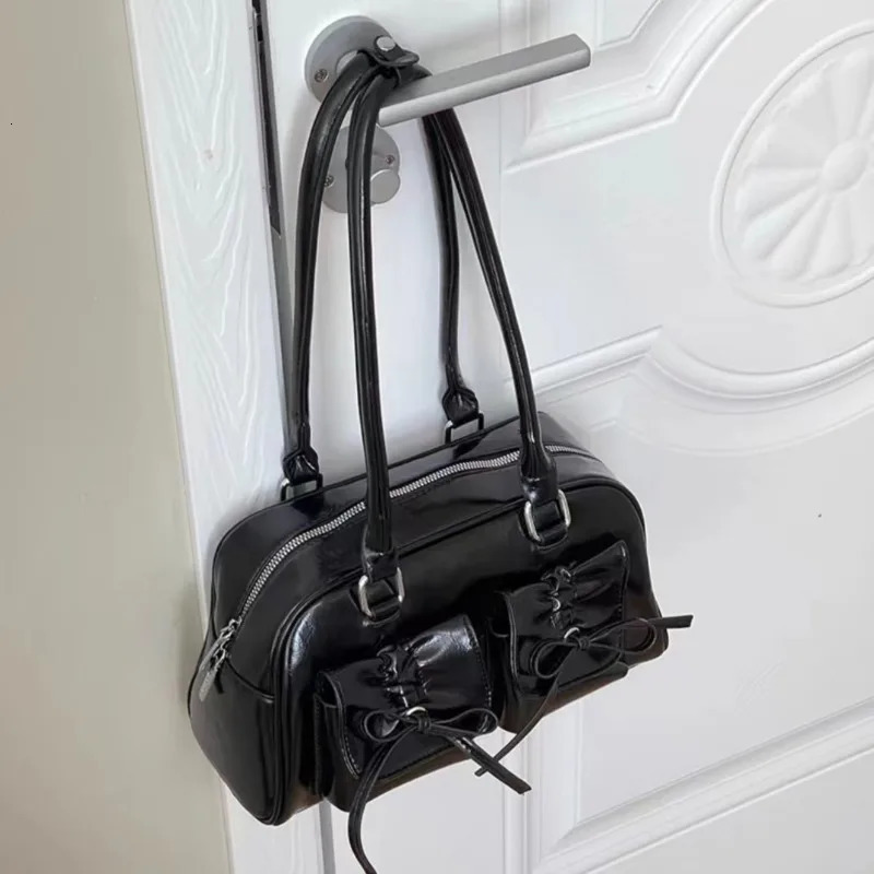 Xiuya Silver Pleated Womens Shoulder Bag Elegant Gentle Korean Fashion Leather Handbag Bow Sweet Simple Ladies Boston 250303