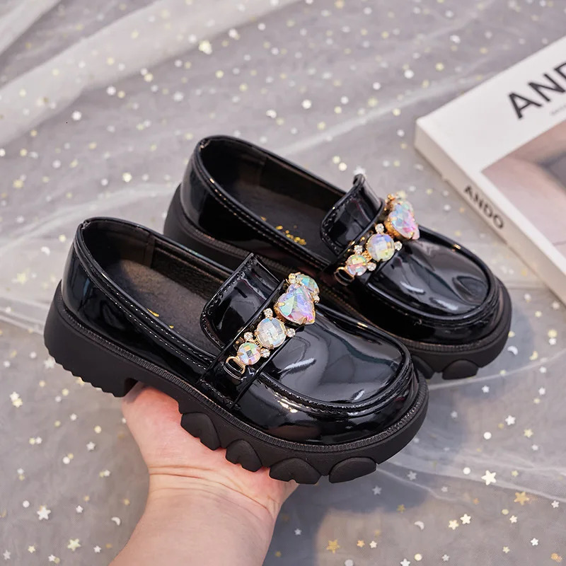 Autumn Kids Leather Shoes Girls Crystal Wedding Single Children LowHeeled Princess Black Beige 250303