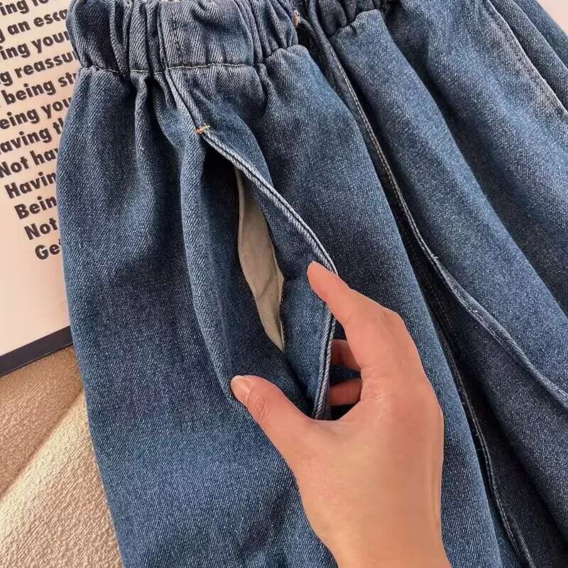 Women's New Fashion Version Loose Side Pocket Casual Pleated Jeans Retro Elastic Waist Drawstring Denim Pants Yaki