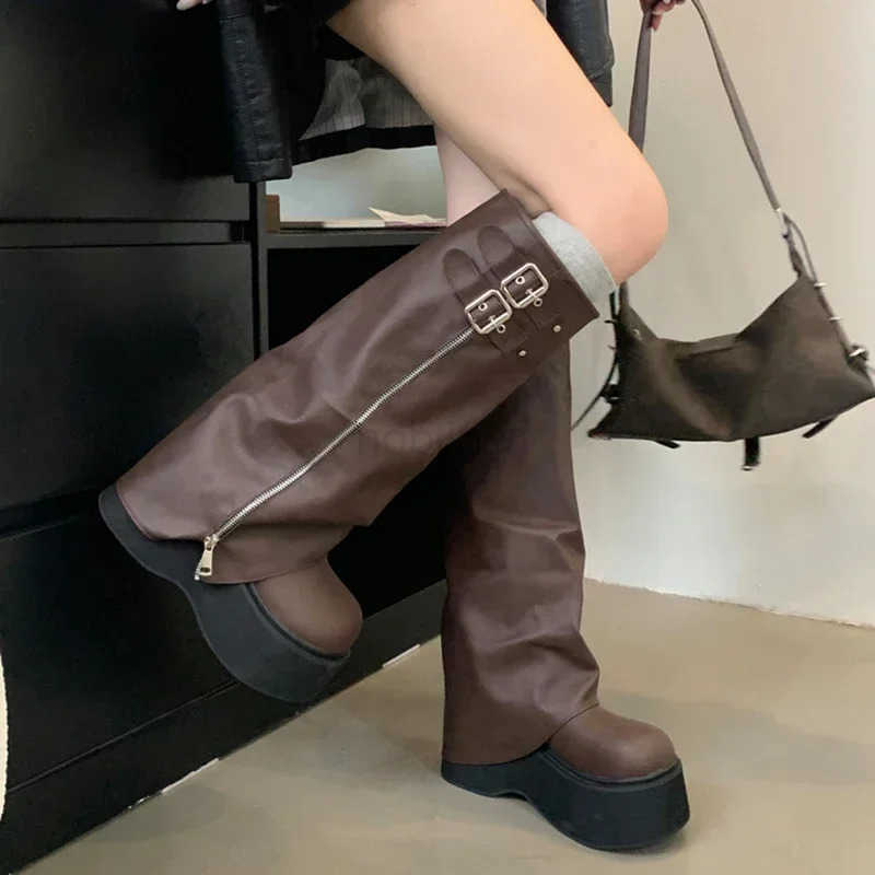 Autumn Winter Chunky Wen Knight High Boots Fion Platform Flats Trouser Long Booties Fem Wern Cowboy Shoes Z250304