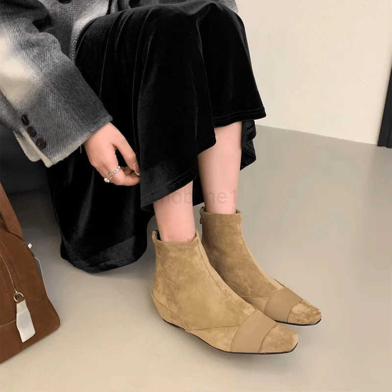 Bailamos Round Toe Wen Ankle Boots Flock Sock Botas Wedge Mid H Fion Short Boots Side Zipper Black Brown Khaki Dress Sh Z250304