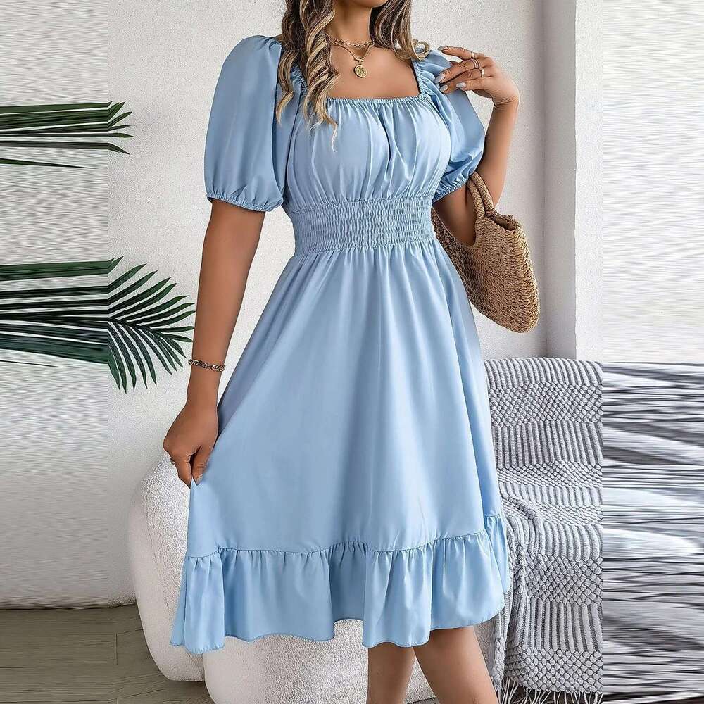 Elegant Women Spring Summer Puff Sleeve A e Vestidos Square Neck Tie Waist Ruched Casual Solid Long Dress