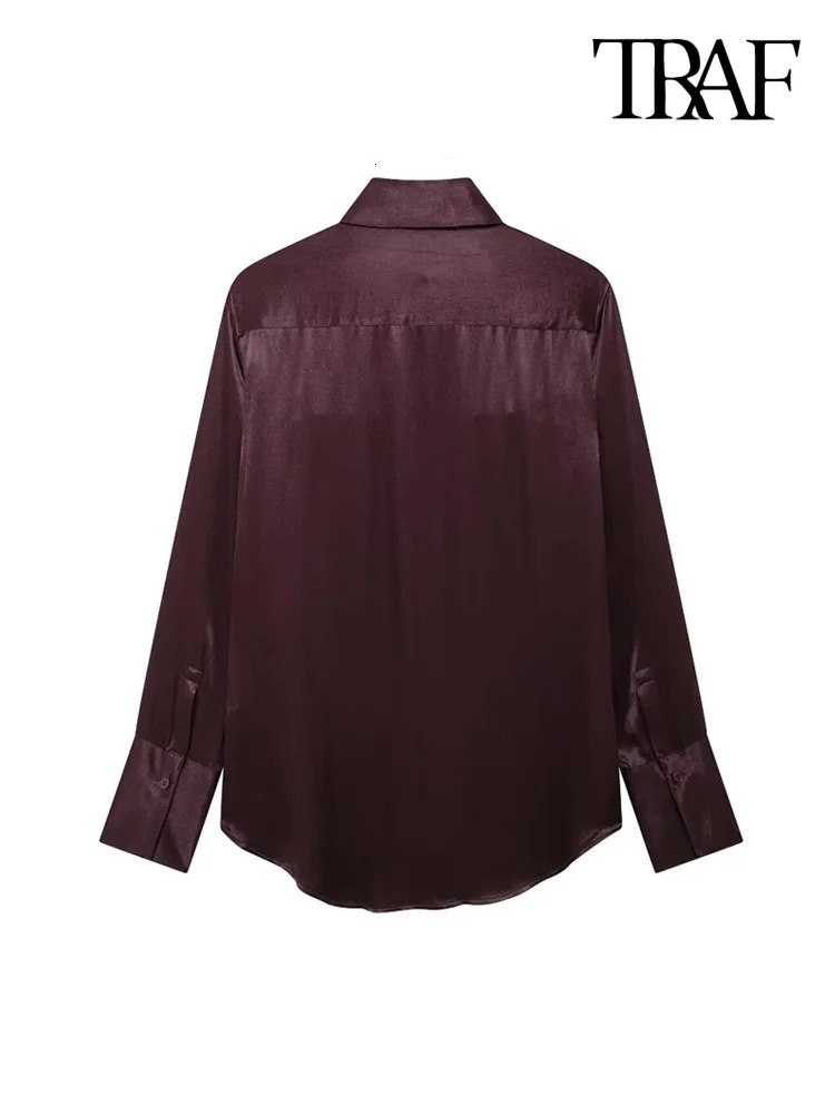 TRAF-Satin Shirts with Pockets for Women Long Sleeve Button-up Female Blouses Chic Tops Fashion 250303
