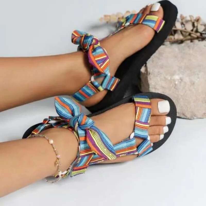 Summer Women New Sandals Color Flat Casual Lace Up Bow Shoes for Ladies Fashion Outdoor Leopard Beach Mujer Plus Size 43