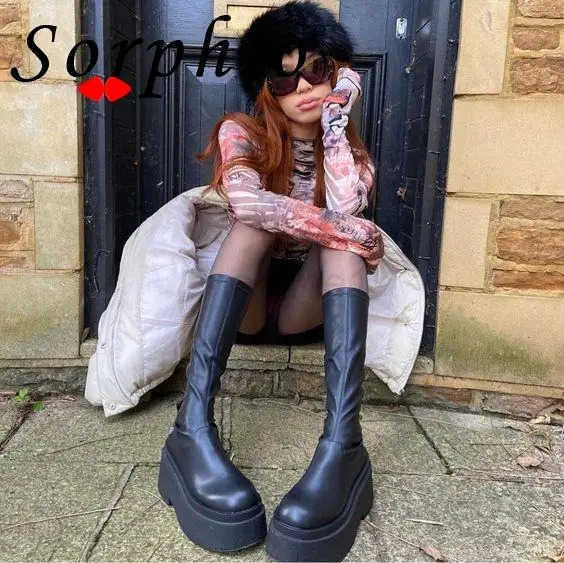 Platform Boots For Wen Knee High Med Calf Chunky Heel Fion Girls Shoes 2022 Autumn Summer Boots Slip On Brand New Goth Z250304