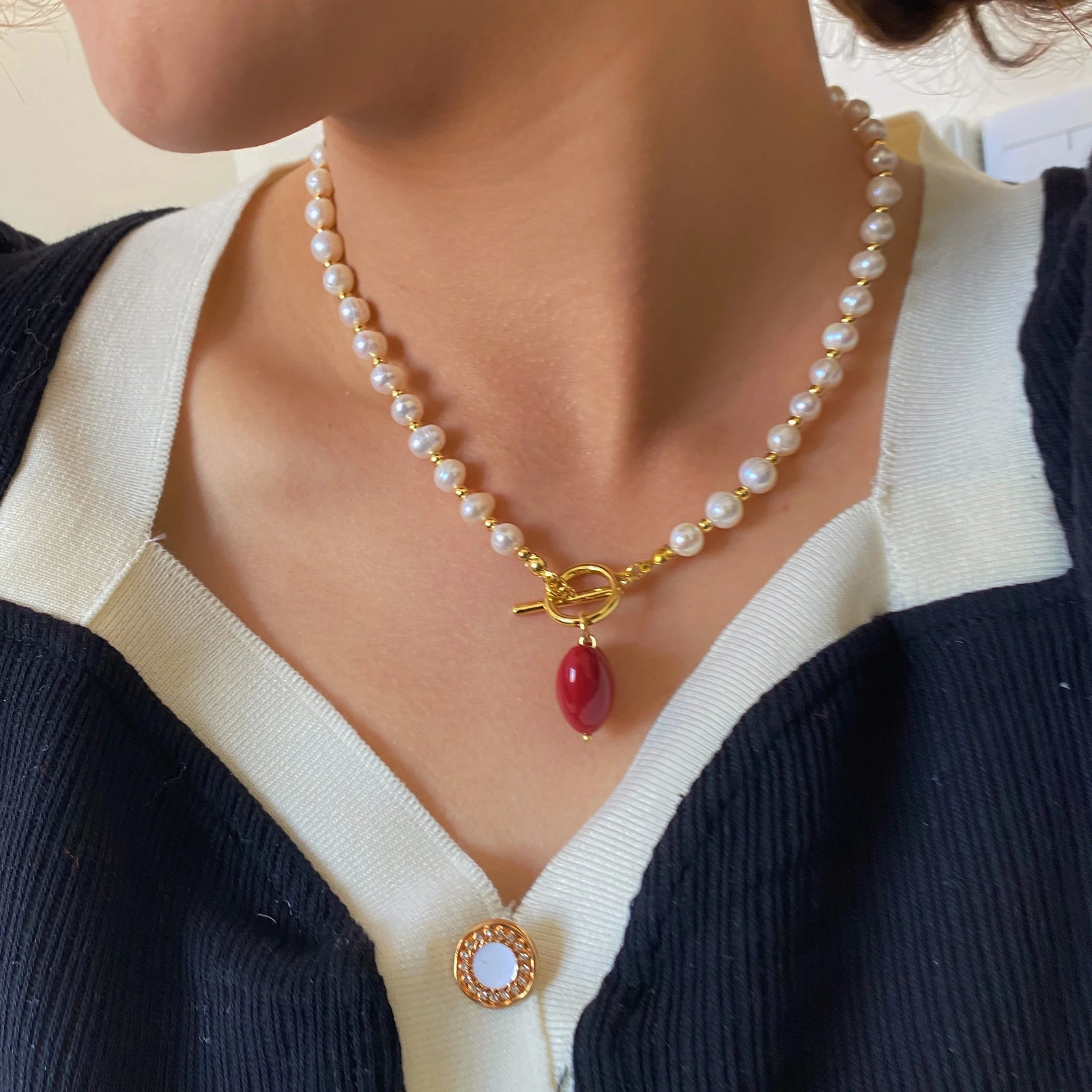 Brass With 18K Real Natural Pearl Beads Heart Necklaces Women Jewelry Punk Hiphop Runway Rare Boho Top Japan Korean 250304