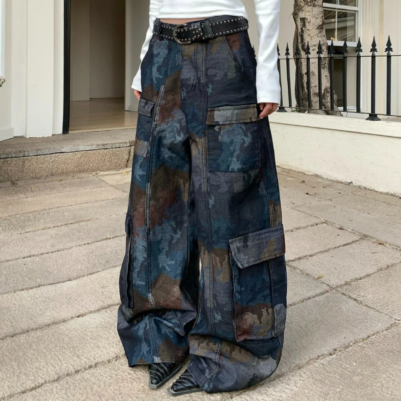 Retro street style camouflage spliced multi pocket work jeans suitable for American womens loose straight wide casual pants 250227