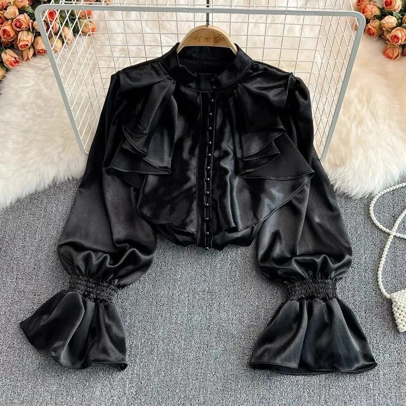 Vintage Solid Blouses Women Elegant Acetate Satin Stand Collar Flare Sleeve Chic Sweet Loose Ruffles Female Mujer 250303